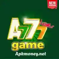 Alt text: "Logo for A777 Game featuring bold green and yellow letters with a plane symbol, set against a dark green background. URL 'Apkmoney.net' is below."