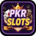 Logo for PKR Slots featuring a crown, playing cards, and a microphone on a purple background with yellow text.