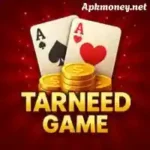 Graphic featuring playing cards (Ace of Spades and Ace of Hearts) with gold coins, labeled "Tarneed Game" on a red background.