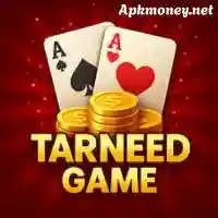Graphic featuring playing cards (Ace of Spades and Ace of Hearts) with gold coins, labeled "Tarneed Game" on a red background.
