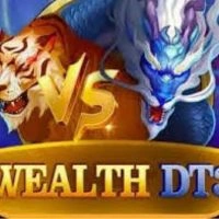 Illustration of a fierce orange tiger and a mythical blue dragon facing off, with "VS" between them. Below, text reads "WEALTH DT3" on a gold banner.