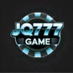 Alt text: "Logo featuring the text 'JQ777 Game' in bold, metallic blue and white, set against a circular poker chip design on a dark background."