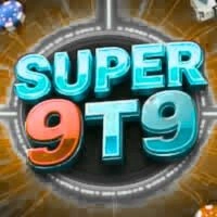 Colorful logo of "Super 9T9," featuring vibrant text against a dynamic background with poker chips and game elements.