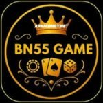 Golden casino-themed logo with a crown, poker chips, playing cards, and dice, centered around the text "BN55 Game." Elegant and luxurious design.