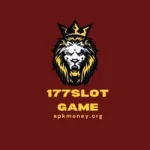 Logo featuring a crowned lion head with the text "177SLOT GAME" and "apkmoney.org" against a maroon background.