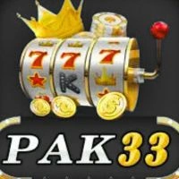 Colorful slot machine graphic featuring spinning reels, gold coins, and the label "PAK33" at the bottom.