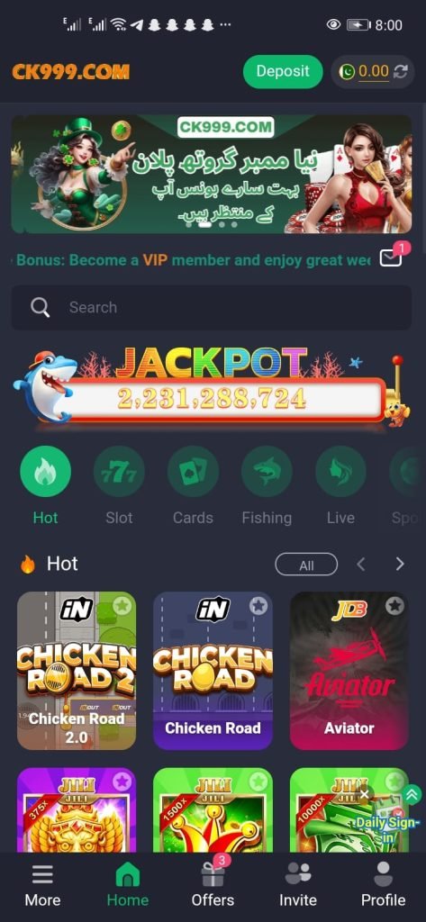 CK999 Game: The Jackpot Casino app interface is shown on a mobile device screen, featuring vibrant graphics and game options.
