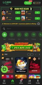 LG999 Game: Mobile gaming app interface featuring a jackpot banner, game icons, and navigation menu. Vibrant colors convey excitement and an engaging experience.