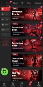 X92 Bet Game: Mobile app screen displaying gaming-themed "Invitation Events" in red and black. Includes tabs for "Mission," "VIP," "Release," and more. Futuristic vibe.