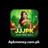 App icon shows a woman in a green and red sari, smiling, with gold coins and green buildings behind her. Text reads JJJPK Casino • Slots • Sports • JJJPK Game and Apkmoney.com.pk below.