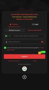 X92 bet game: Alt text: A dark-themed registration form for an online platform offering real money games. The headline urges fast deposits and quick withdrawals. The form includes fields for phone number and password, and a checkbox to agree to terms. Buttons for registering and logging in are present. Icons for customer service and a Google login option are also visible.