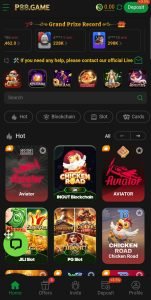 P88 Game: A mobile game app interface displays a list of casino games, featuring colorful icons for "Avatar" and "Chicken Road." The layout has a dark theme, with bright, playful graphics and text indicating game categories like "Hot," "Blockchain," and "Slot." The top banner mentions a grand prize and contact information.