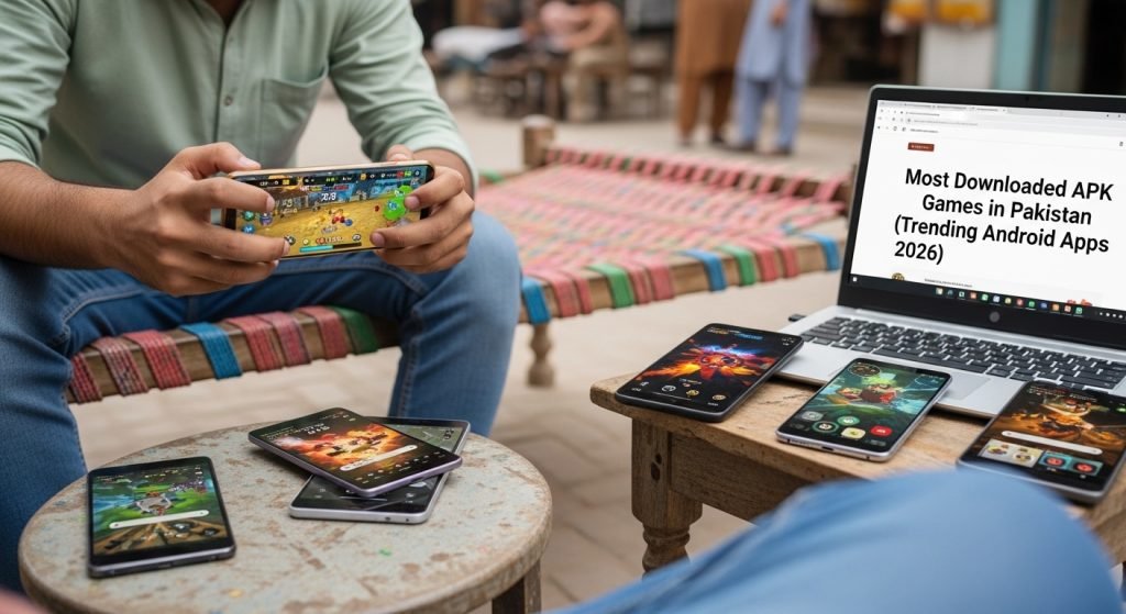 A man plays a game on his laptop, surrounded by several people engaged in the activity around him. Most Downloaded APK Games