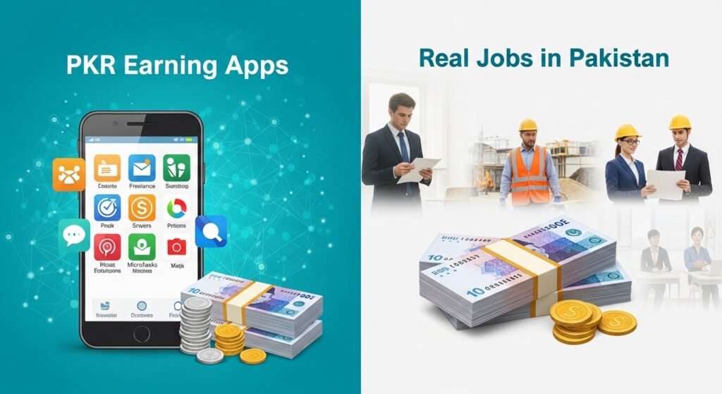 Comparison of PKR earning apps on a smartphone with stacks of Pakistani currency and images representing real jobs in Pakistan.