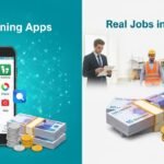 Comparison of PKR earning apps on a smartphone with stacks of Pakistani currency and images representing real jobs in Pakistan.